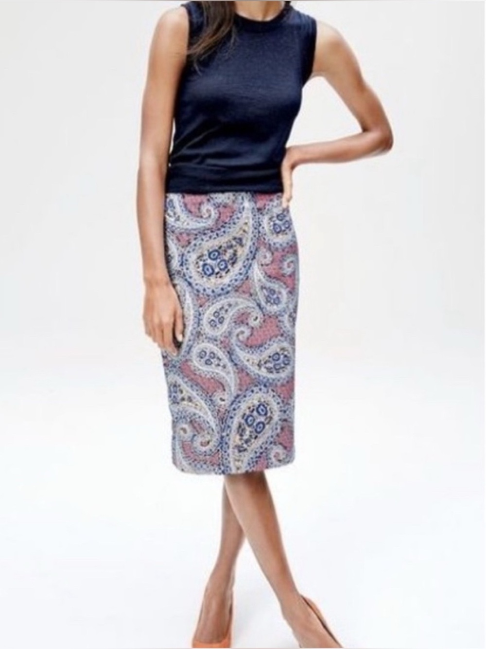 J. Crew No. 2 Pencil Skirt Royal Paisley Blue Burgundy Yellow Size 8